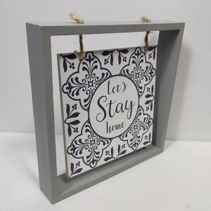 Let's Stay Home Wooden Decor Hanging Plaque Wood Shelf Rustic Cozy Chic